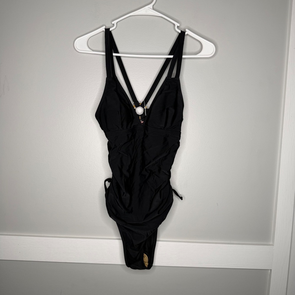 Yesfashion One Piece Swimsuit Womens Small Black Ruched Strappy Back Ring Detail